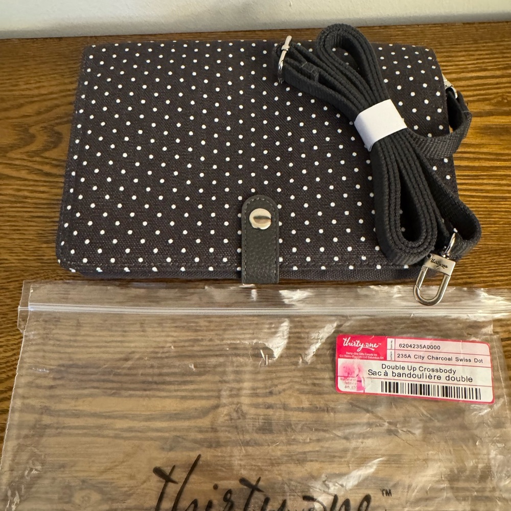 NWT Thirty-One Double Up Crossbody - City Charcoal Swiss Dot